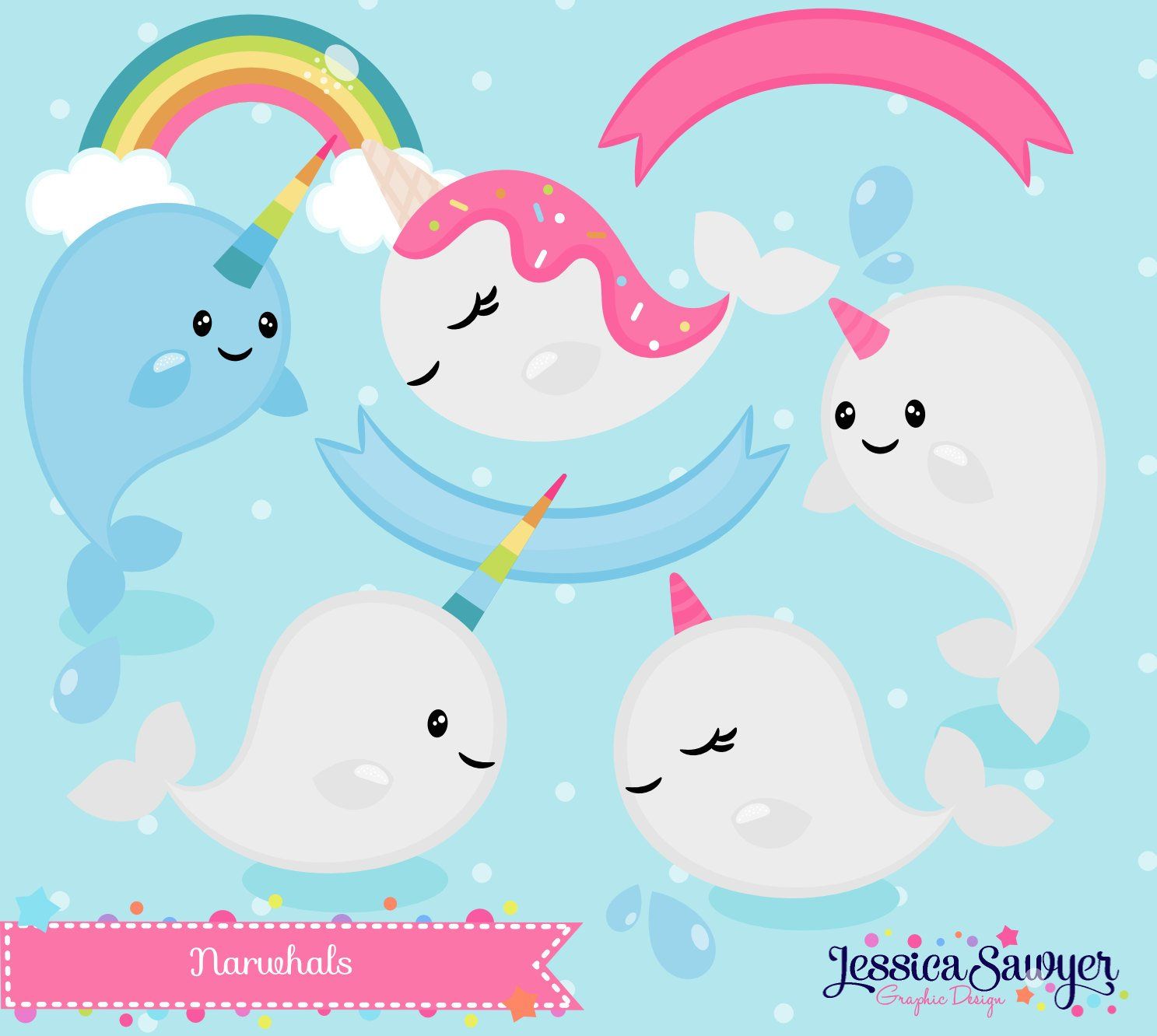 INSTANT DOWNLOAD Narwhal Clipart and Vectors for personal