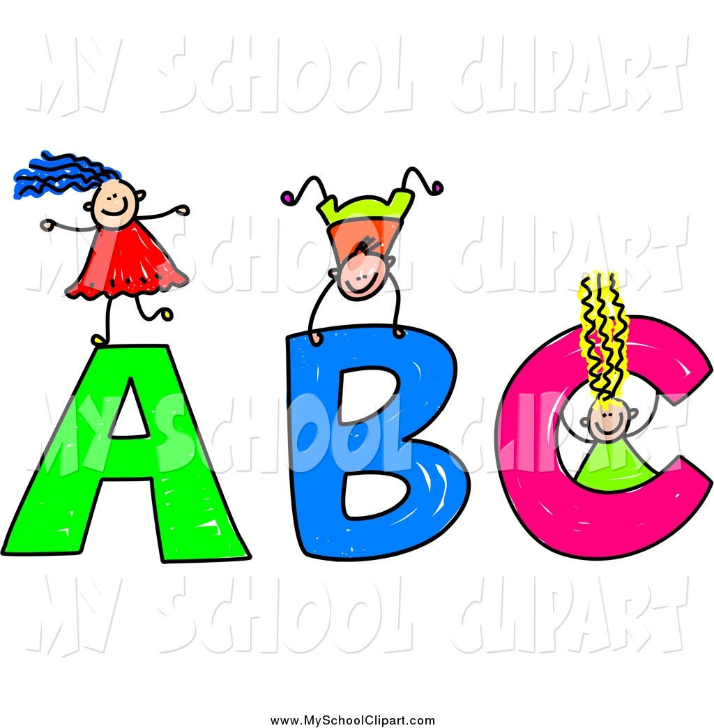 Clip Art of Stick Kids Playing on Giant ABC Letters by
