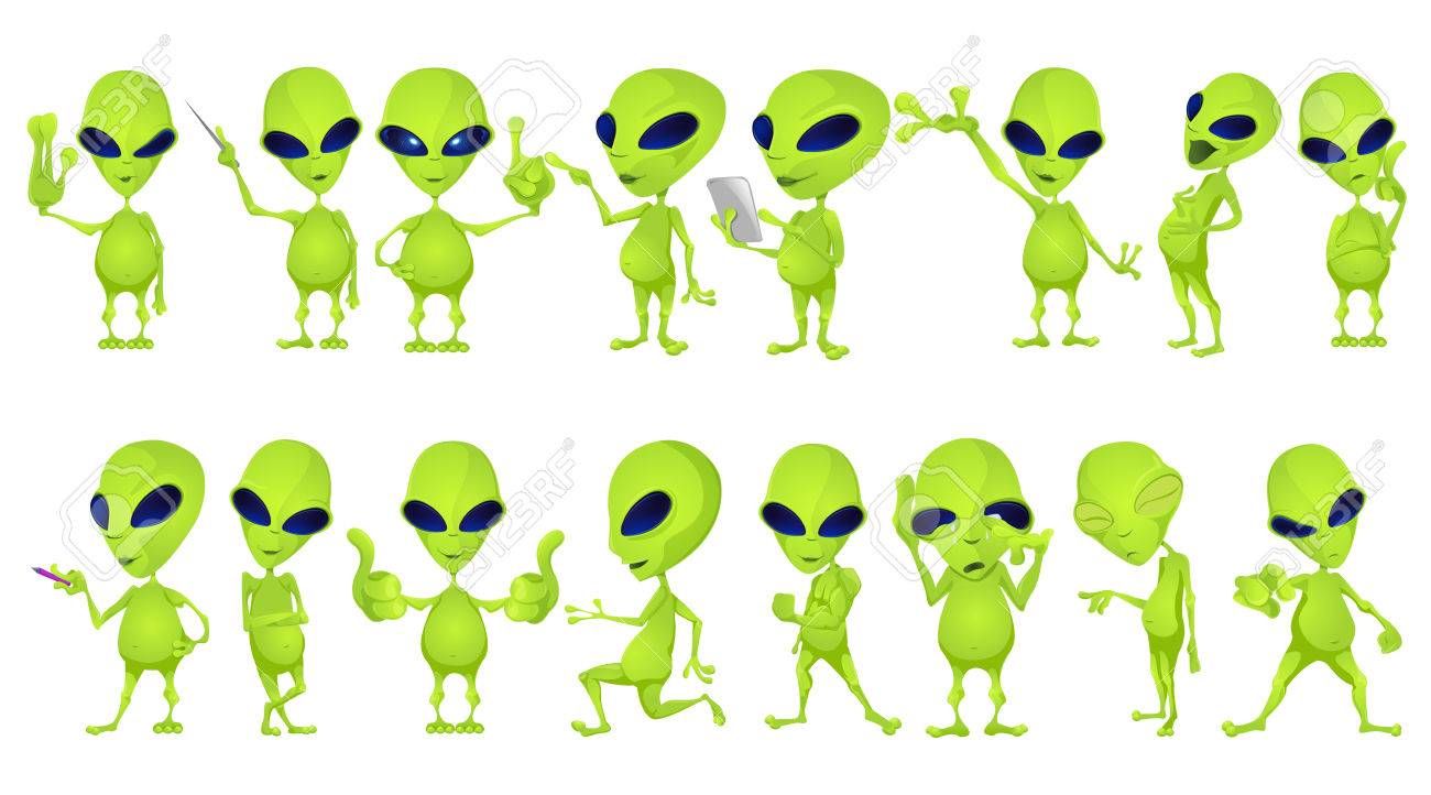 Set of aliens standing with crossed arms, waving hand