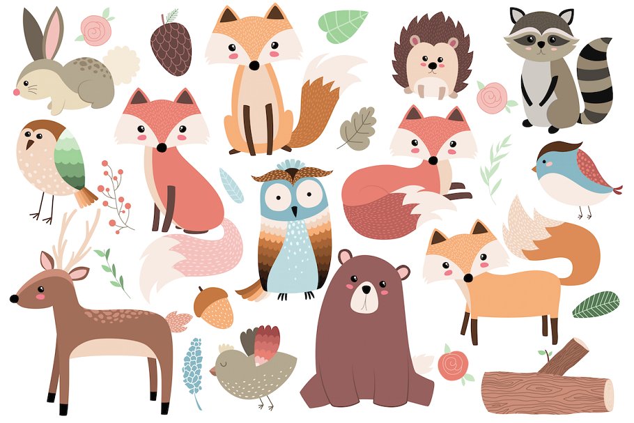 Woodland forest animals.
