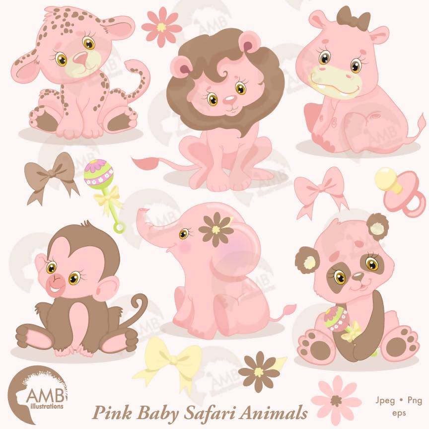 Jungle Animals Clipart, Jungle Animal Babies, Nursery Pink Baby Animals,  AMB