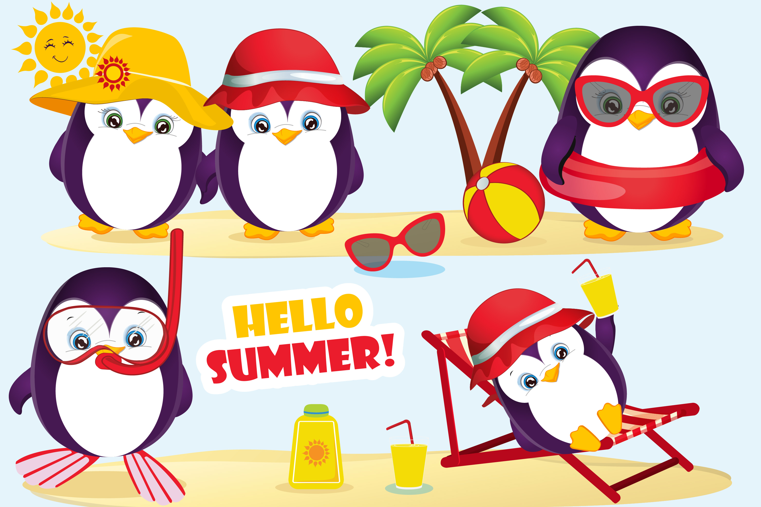 Summer penguin clipart, Summer penguin graphics