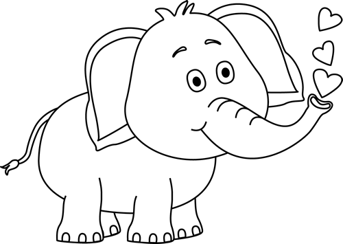 Black and White Elephant Blowing Hearts Clip Art