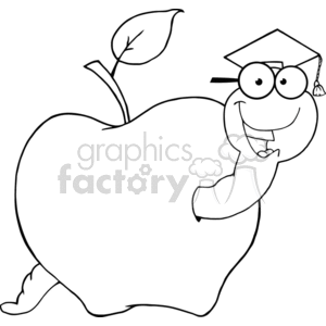 Black and white outline of a graduate worm in an apple clipart
