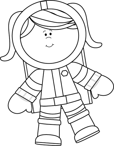 Black and White Girl Astronaut Floating Clip Art