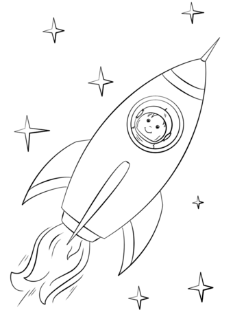 Boy Astronaut Flying in a Space Rocket coloring page