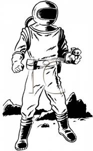 A Black and White Retro Style Cartoon of an Astronaut In