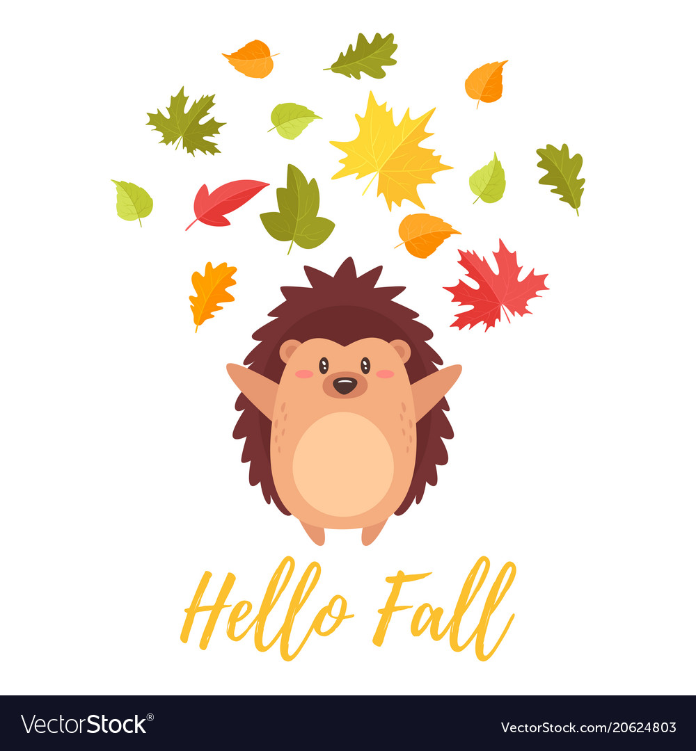 Hedgehog tossing autumn colorful leaves