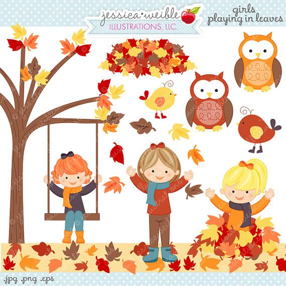 Girls Playing in Leaves Cute Digital Clipart