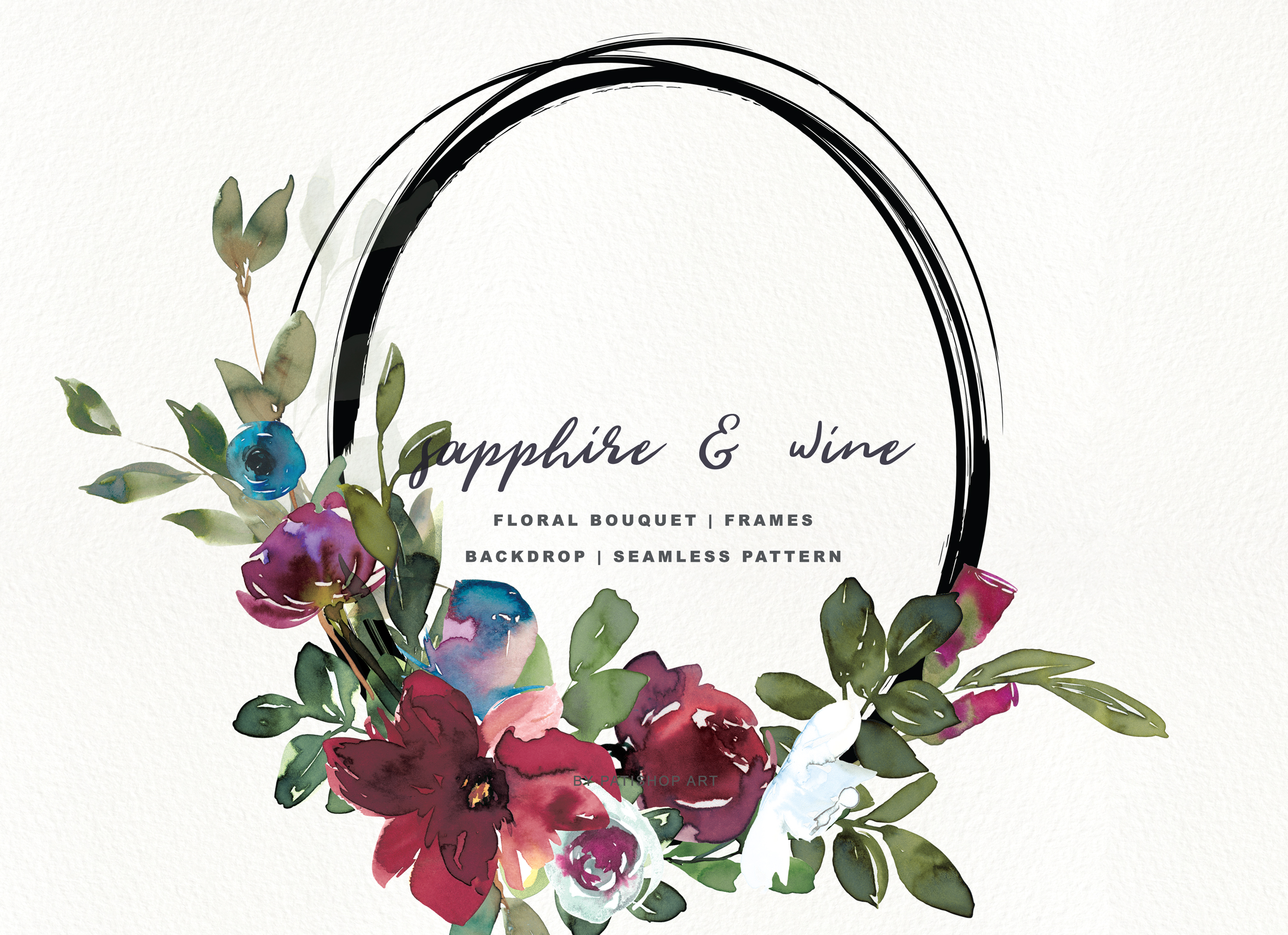 Sapphire Wine Watercolor Floral Clipart Collection