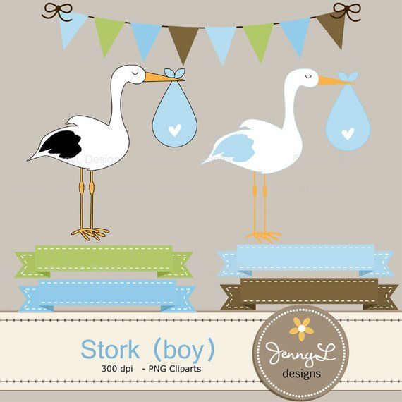 Stork Boy Digital Paper, Clipart Baby Shower, New Baby Boy