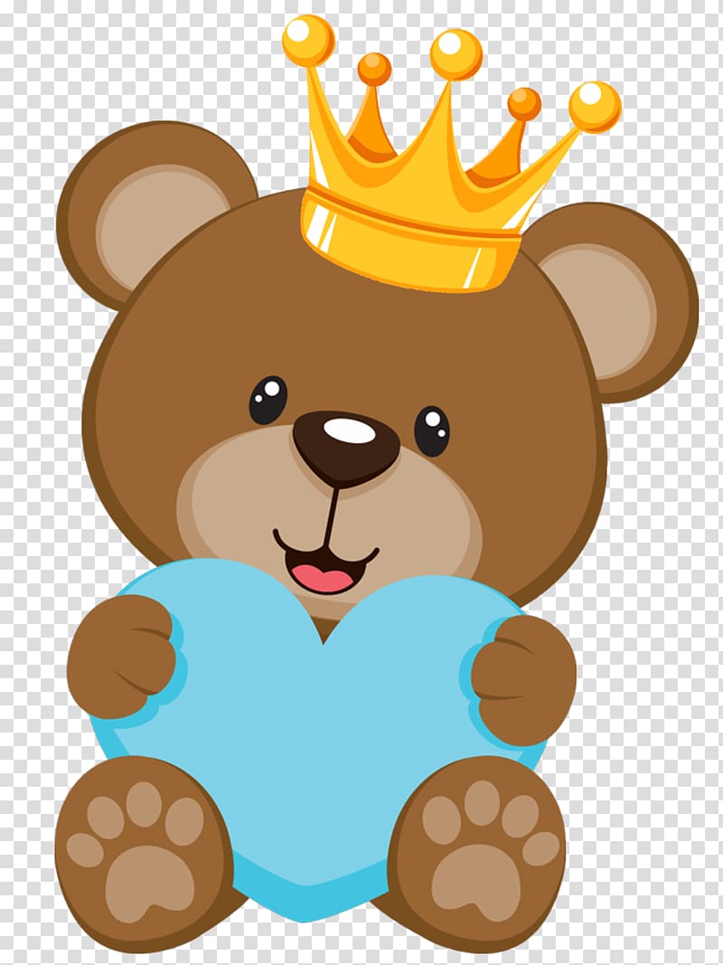 Brown bear with yellow crown holding blue heart illustration