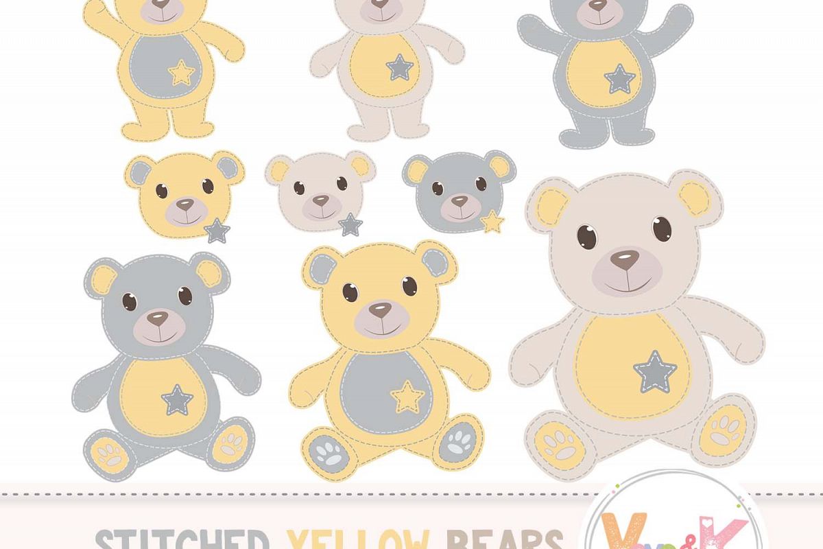 Yellow Teddy Bear Clip Art, Stitched Teddy Bear, Yellow Teddy Bears,  Neutral Baby Clipart, Baby Shower, Baby Yellow and Grey