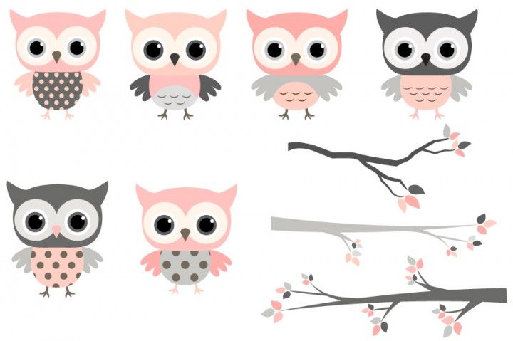 Pink and grey owls set, Cute owl clipart, Kawaii owls clip