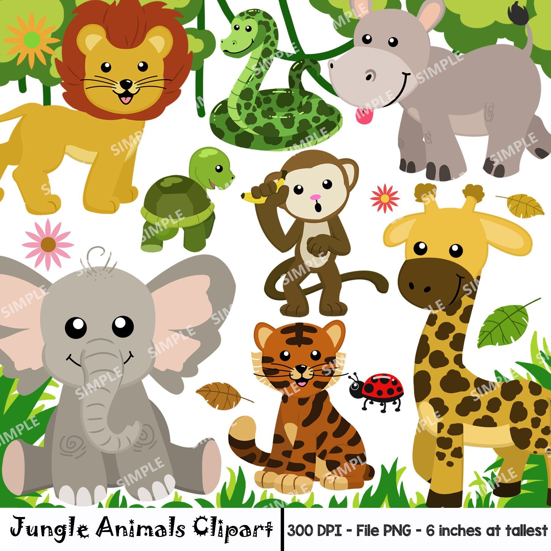 Jungle Animal Clipart, Watercolor Safari Animals Clipart