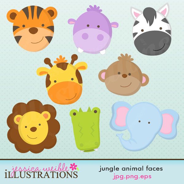 Jungle Animal Faces Cute Digital Clipart