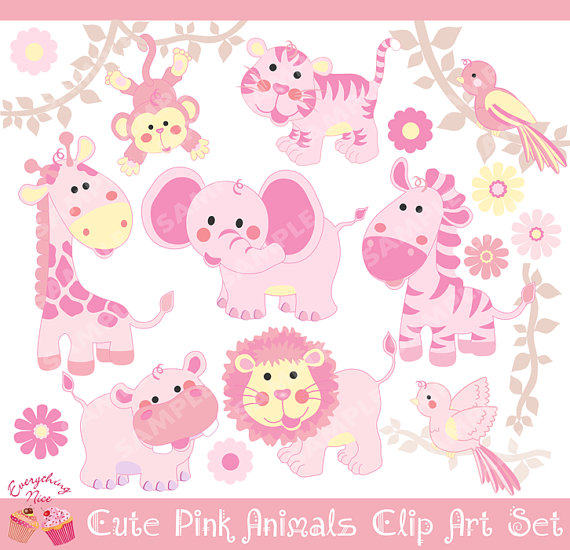 Pink Cute Savannah Animals Clipart Set by