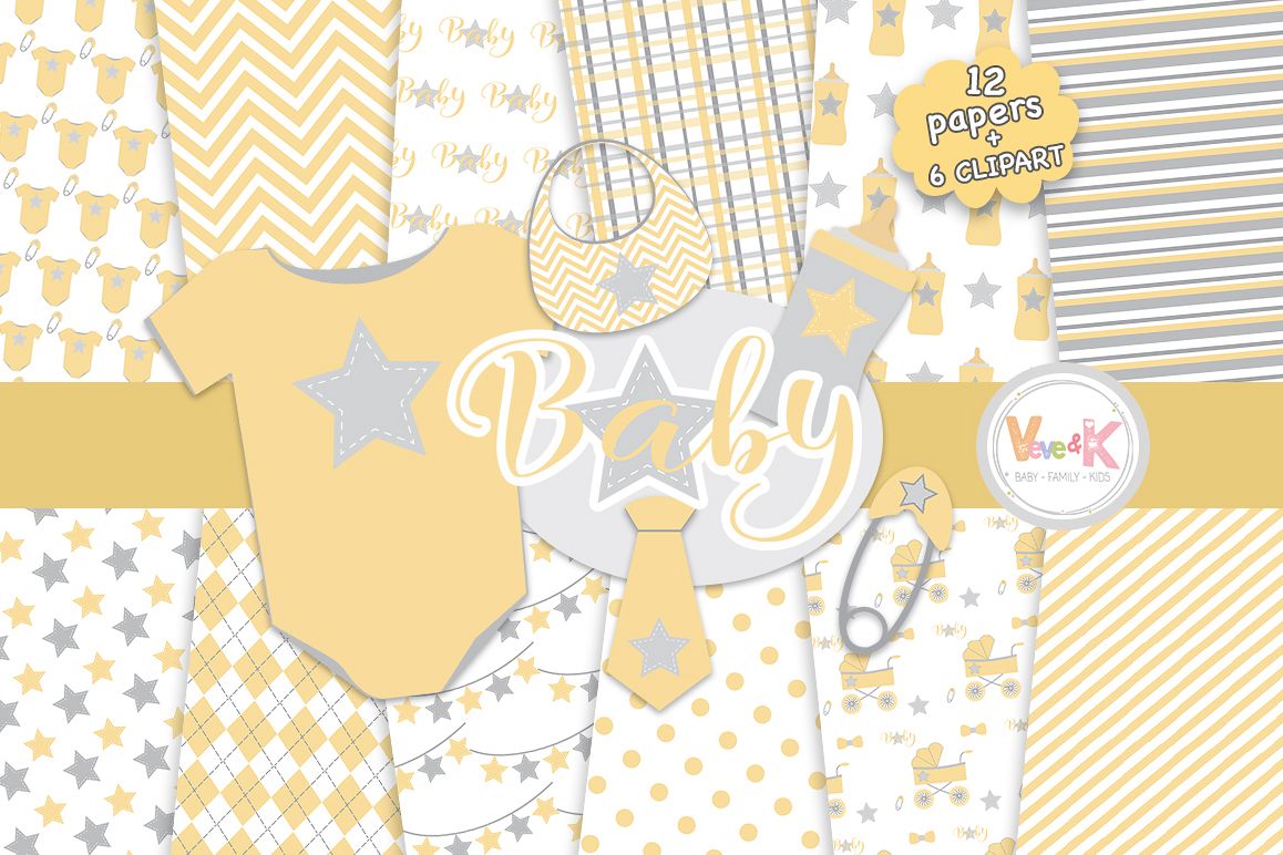 Yellow Baby Digital Papers, Baby Clip Art, Neutral Baby Shower DIY, Yellow  and Gray Baby Papers, Baby Shower Graphics