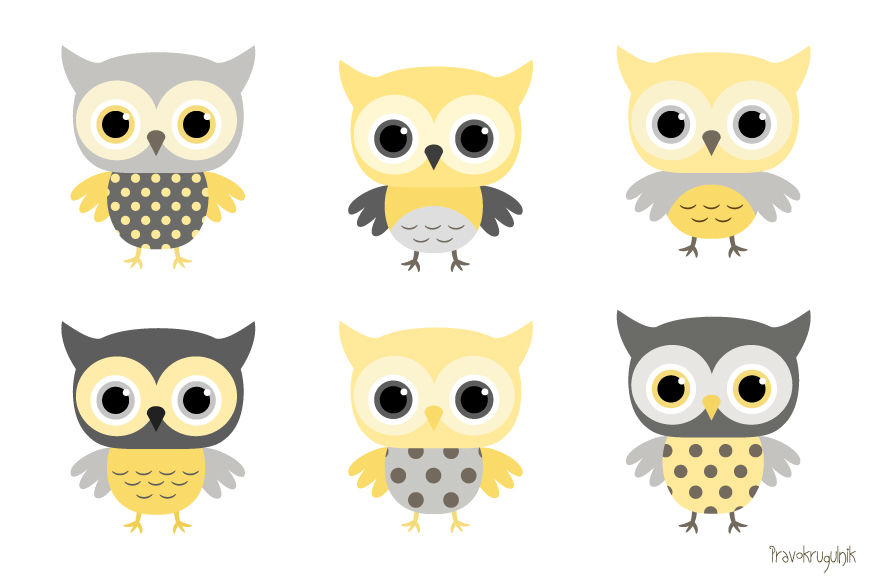 Baby boy owls clipart, Yellow and grey owl clip art set