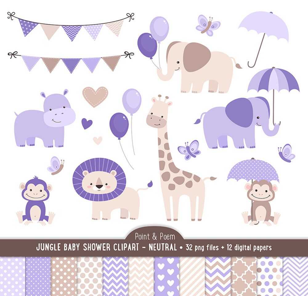 Jungle Clip Art, Digital Papers, Baby Shower Purple Baby