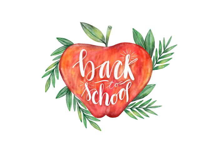Back To School Watercolor Apple With Leaves Vector