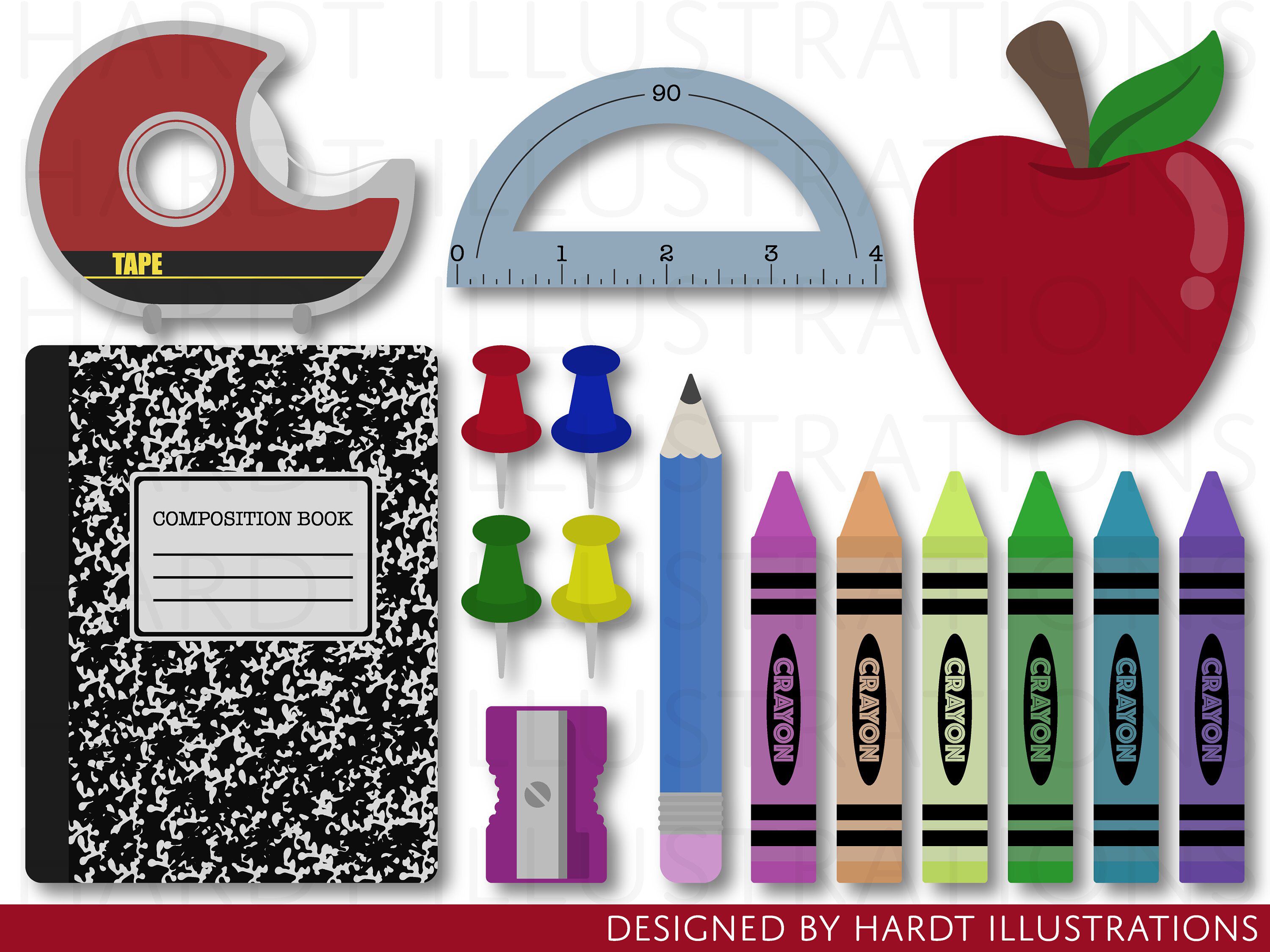 Back to School Clipart, School Supplies Clipart, Crayons