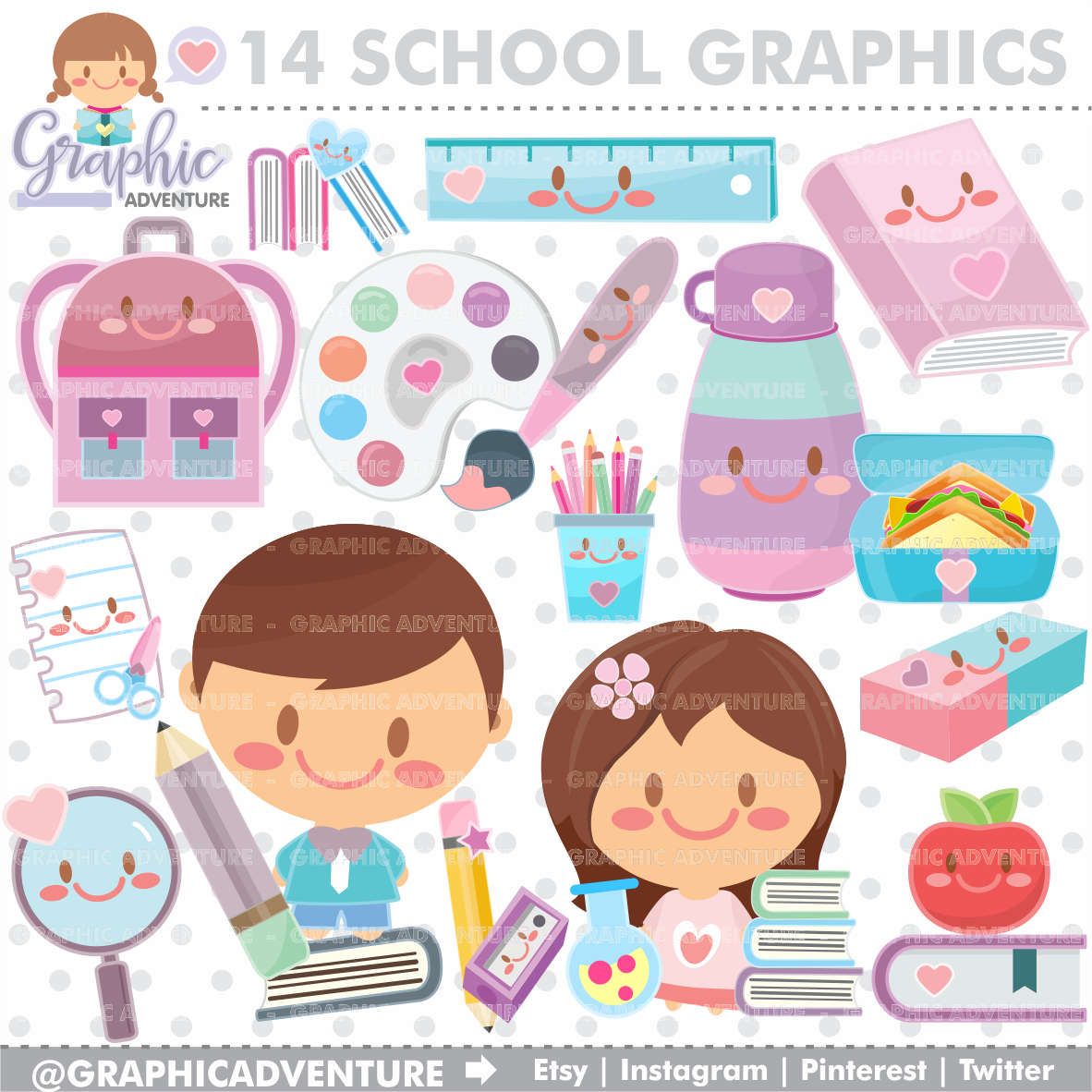 School Clipart, School Graphics, COMMERCIAL USE, Kawaii