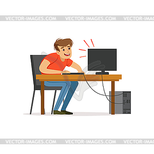Stressed depressed man working with computer, bad