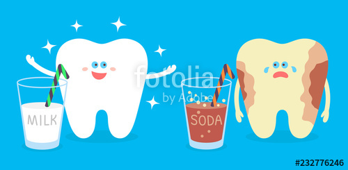 Healthy cartoon tooth with a milk and cavity tooth with a