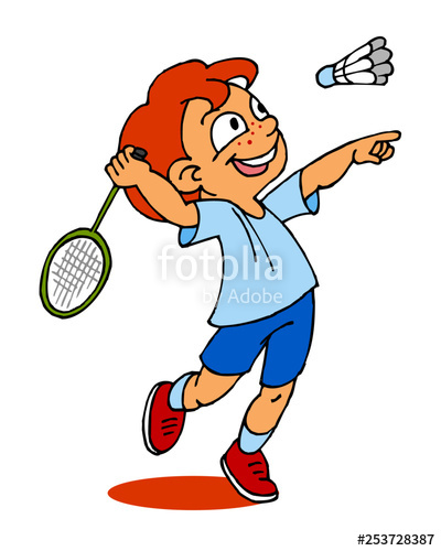 Boy playing badminton, children sports, color clipart
