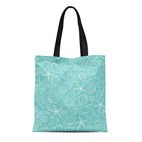 Semtomn Canvas Tote Bag Shoulder Bags Blue Clipart From Sea Shells and  Stars Marine Women