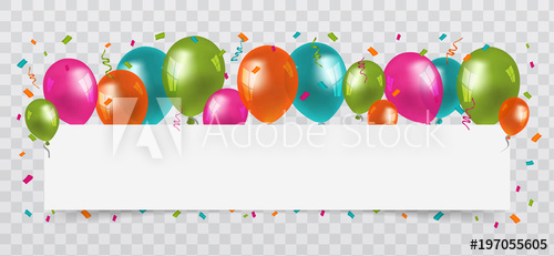 Colourful Balloons with confetti and streamers white Paper