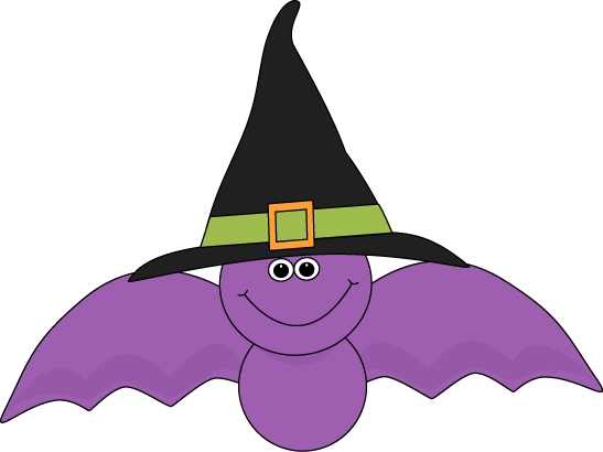 Cute purple bat wearing a black witches hat clip art