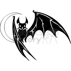 Black and white scary bat flying against crescent moon clipart