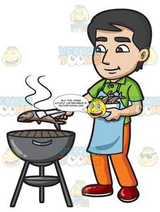 A Man Grilling Fish On The Bbq