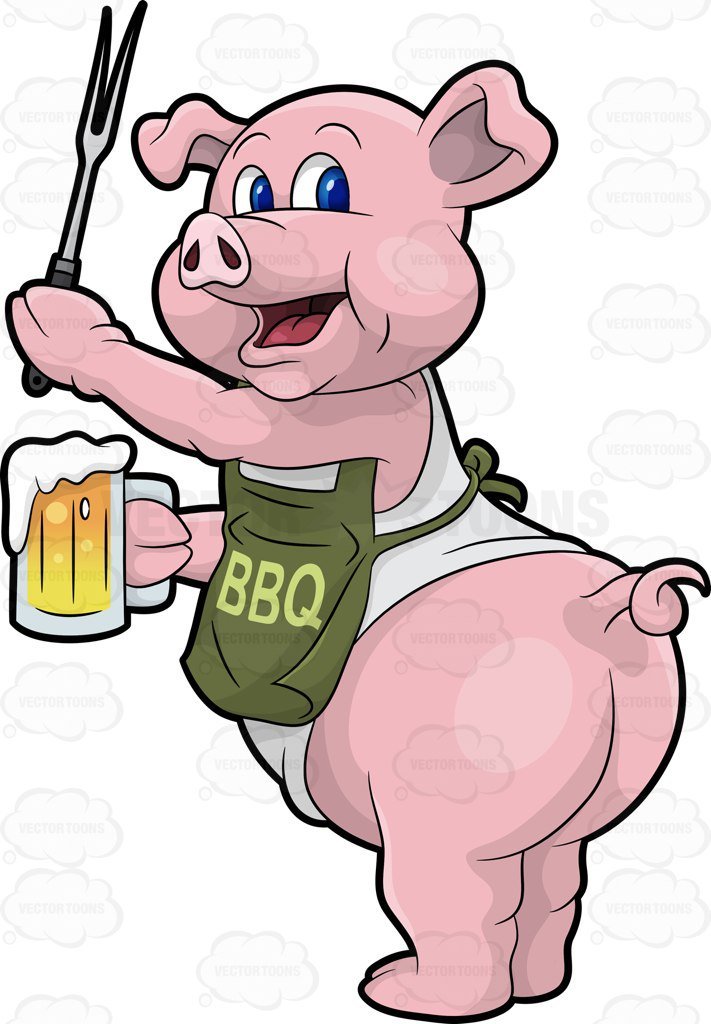 A Pig Cook Holding A Beer And Bbq Fork