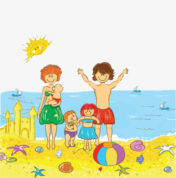 Family at the beach clipart