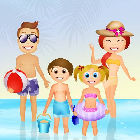 Family at the beach clipart