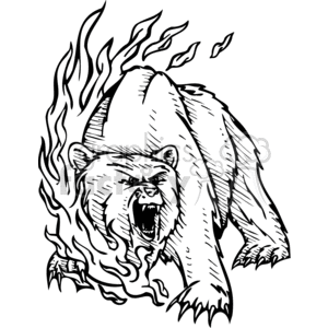 Black and white roaring bear in fire clipart
