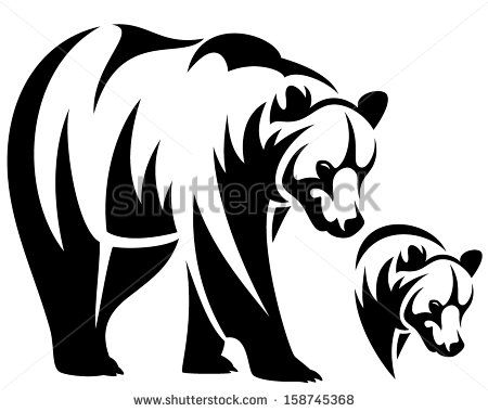 Walking bear and animal head black and white vector outline