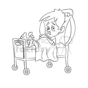 Child sick in hospital bed black white clipart