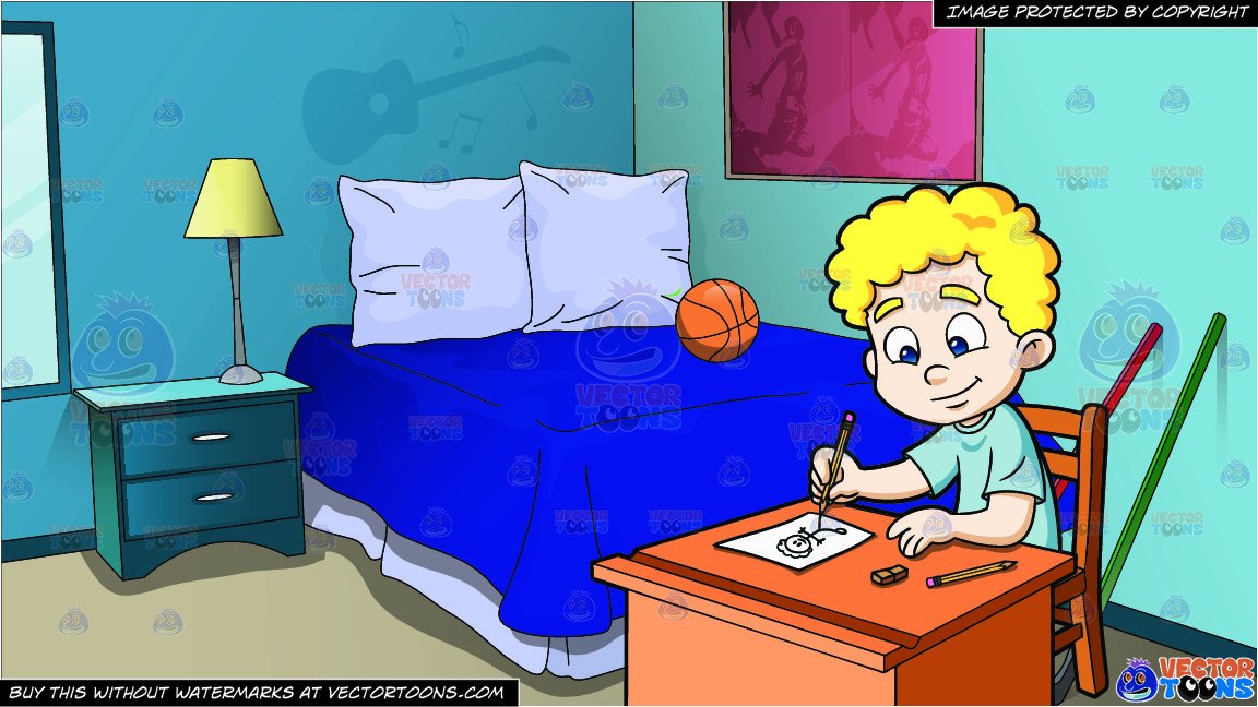 A Boy Sketching A Stick Man and Adolescent Boys Bedroom Background