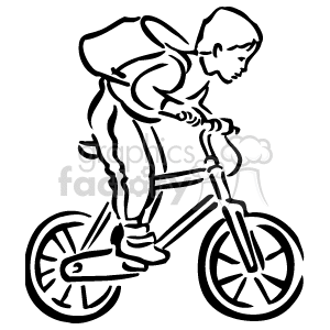 Black and white boy riding his bike with a backpack on his back clipart