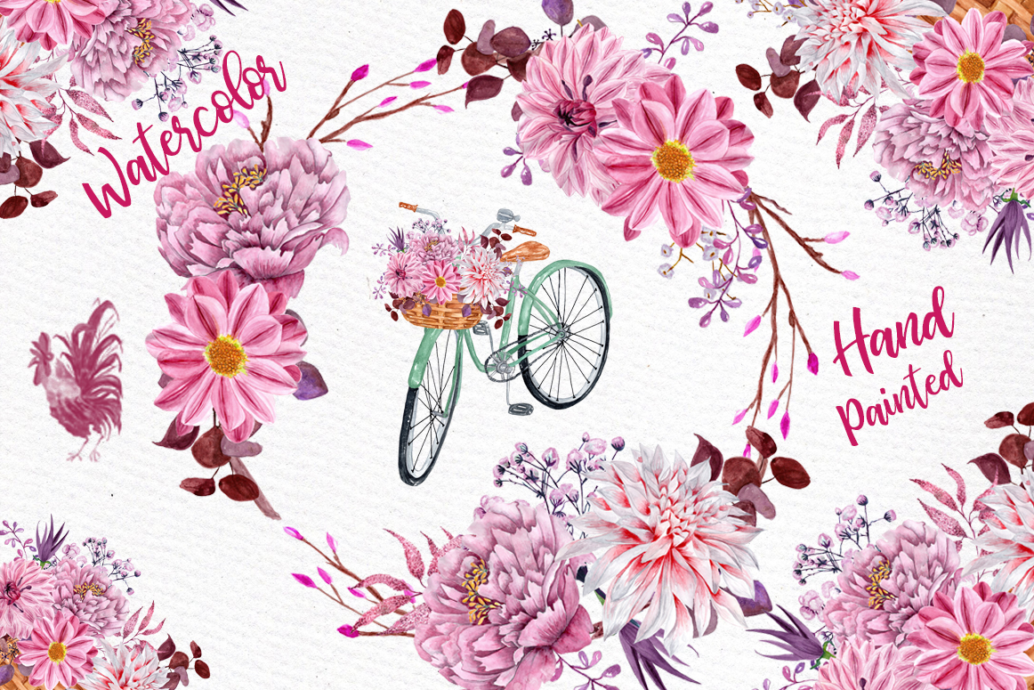 Watercolor flowers clipart FLORAL CLIPART Floral bicycle Wedding clipart  Floral Bouquets Pink Flowers