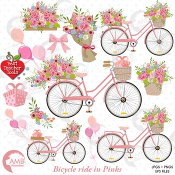 Bicycle clipart, Bicycle and Flowers, Shabby chic clipart, AMB