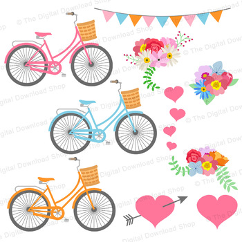 Spring Bicycle Clipart, Floral Bicycles Graphics, Wedding Bikes Clipart