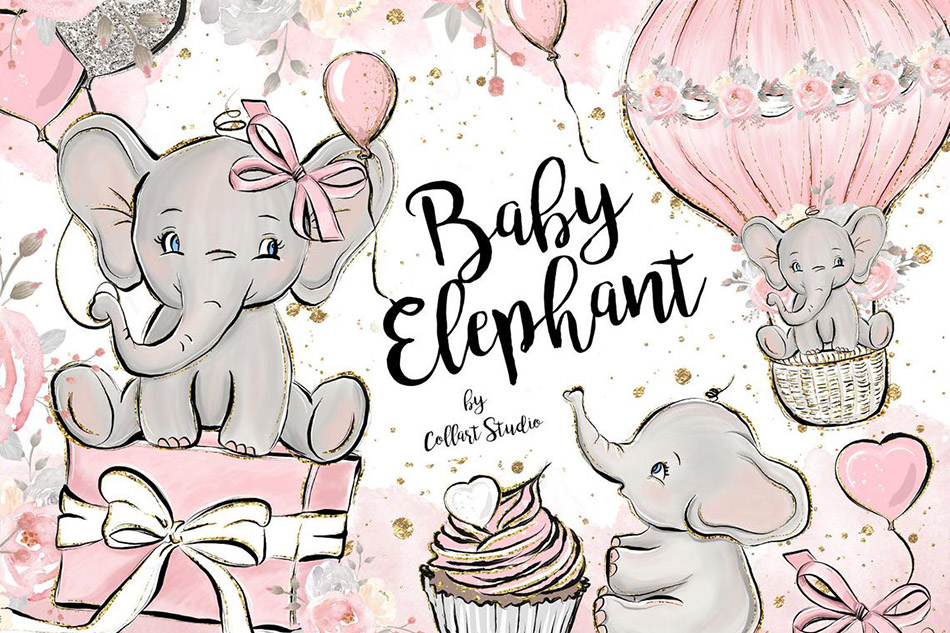 Baby Elephant clipart, Baby girl clipart, birthday clipart