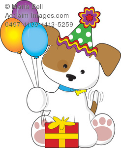 Cute Puppy Dog with Balloons, Party Hat and Gift, Having a