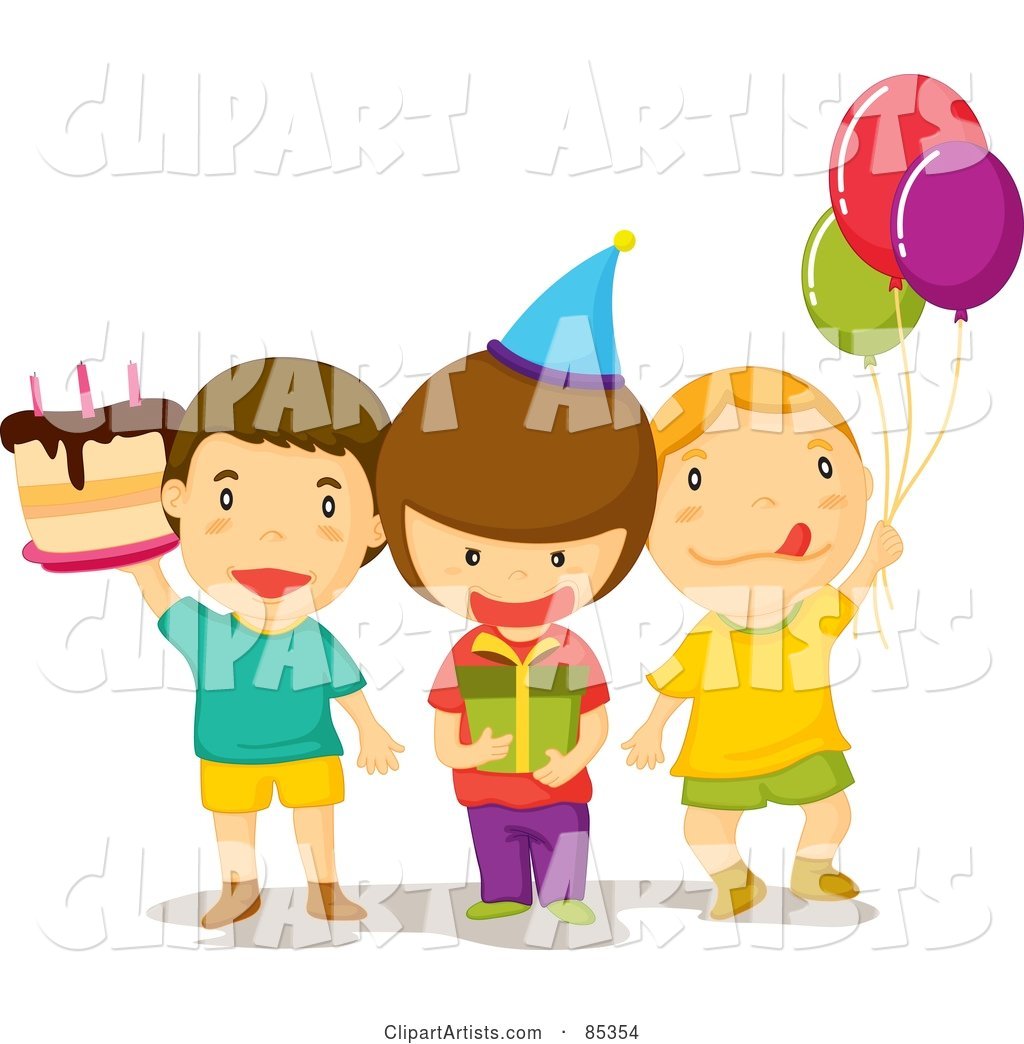 Three Birthday Party Guest Boys With A Cake, Present And