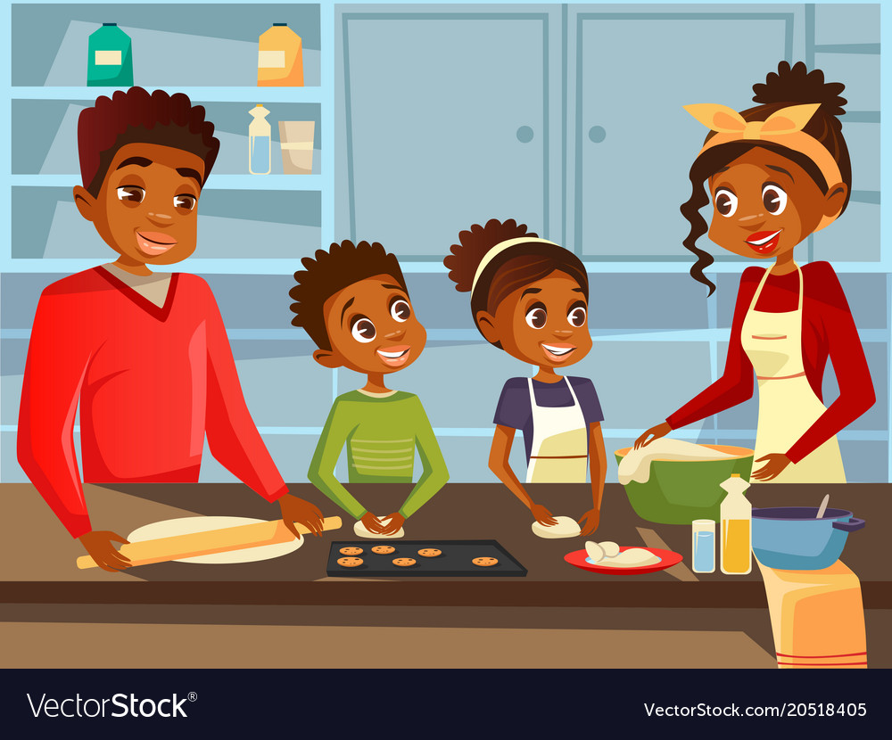 Afro american black family cooking together at
